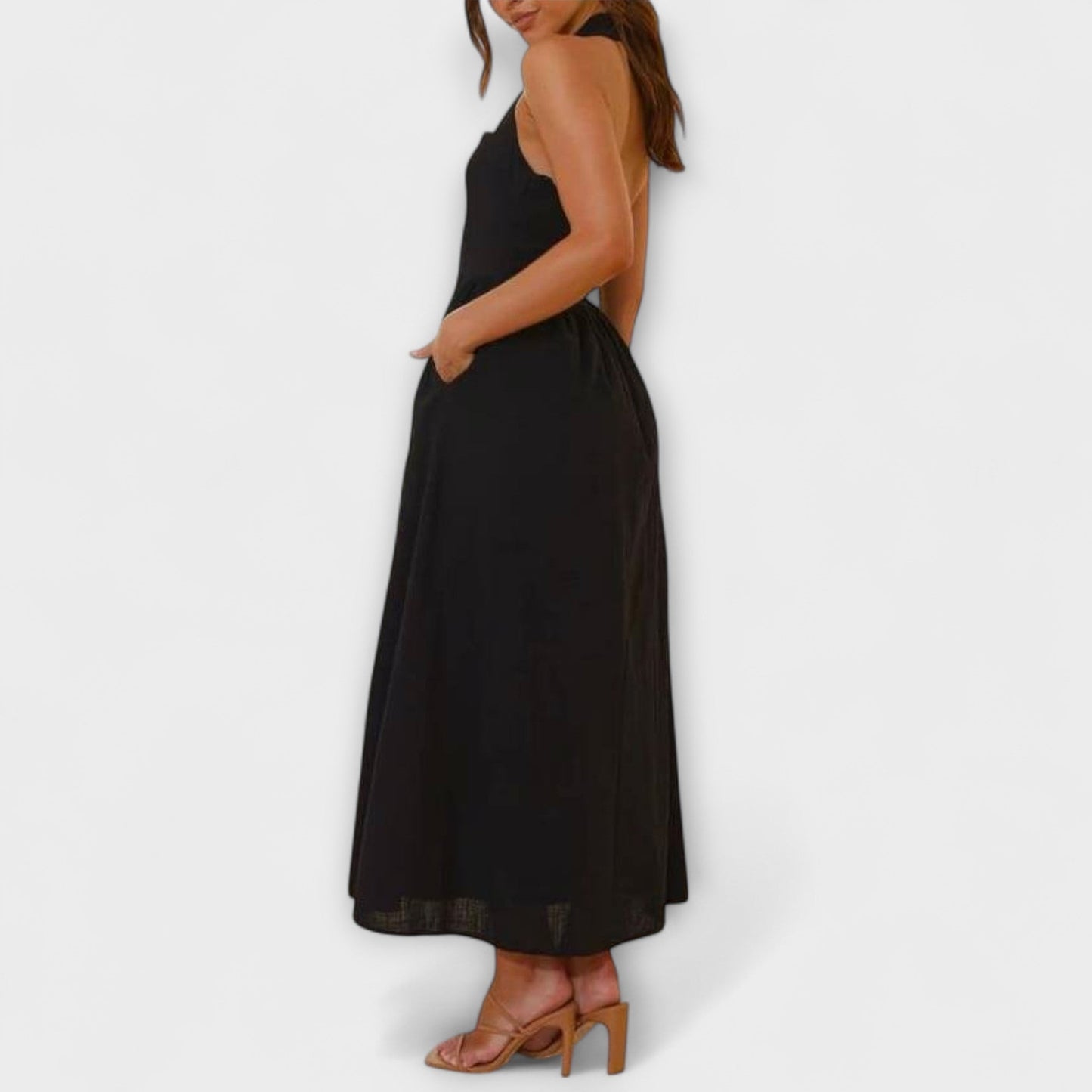 Lydia - Schwarzes Midikleid mit Halsband und Taillendetail