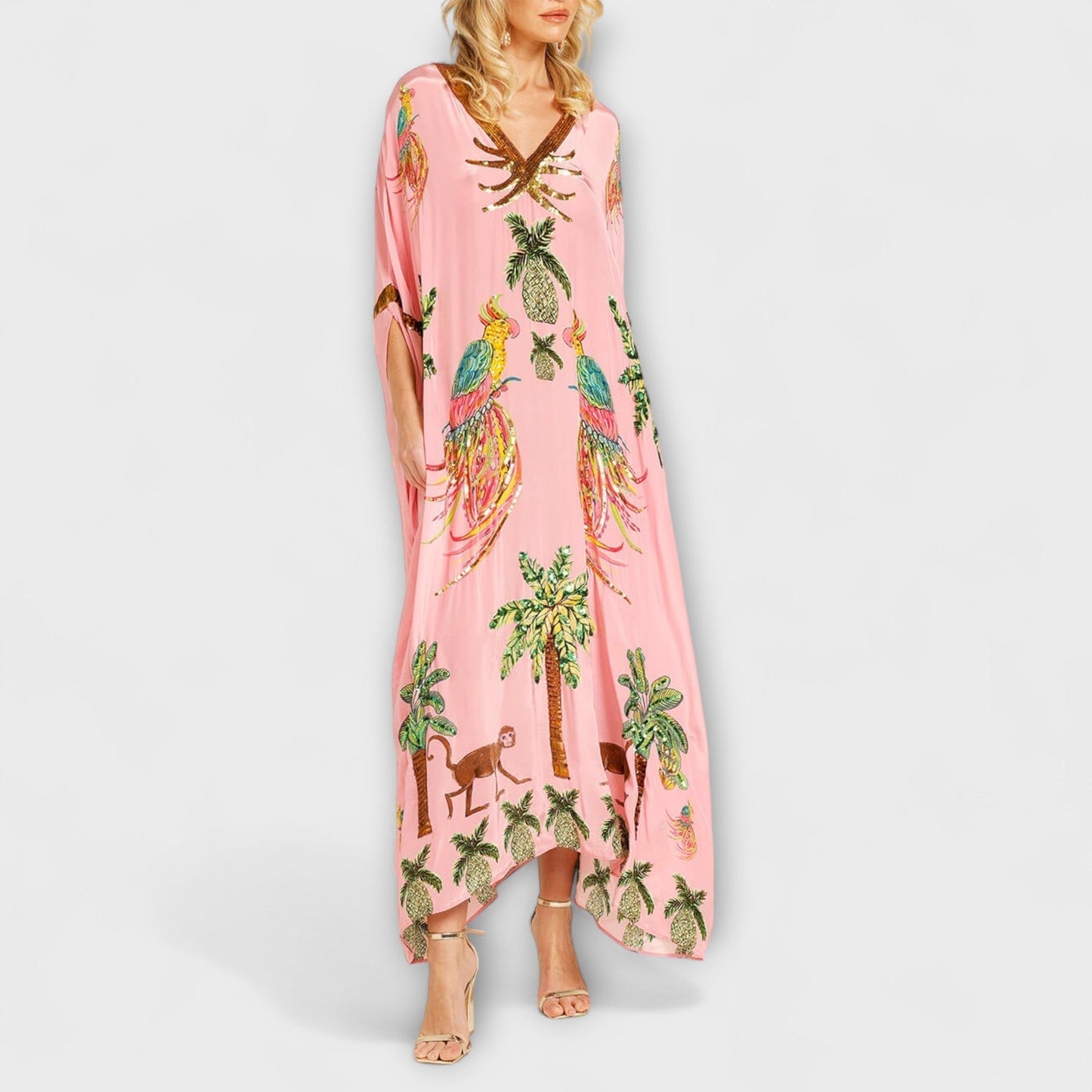 Linda - Auffälliges Kleid mit schulterfreiem Design und Kokosnussbaum-Print