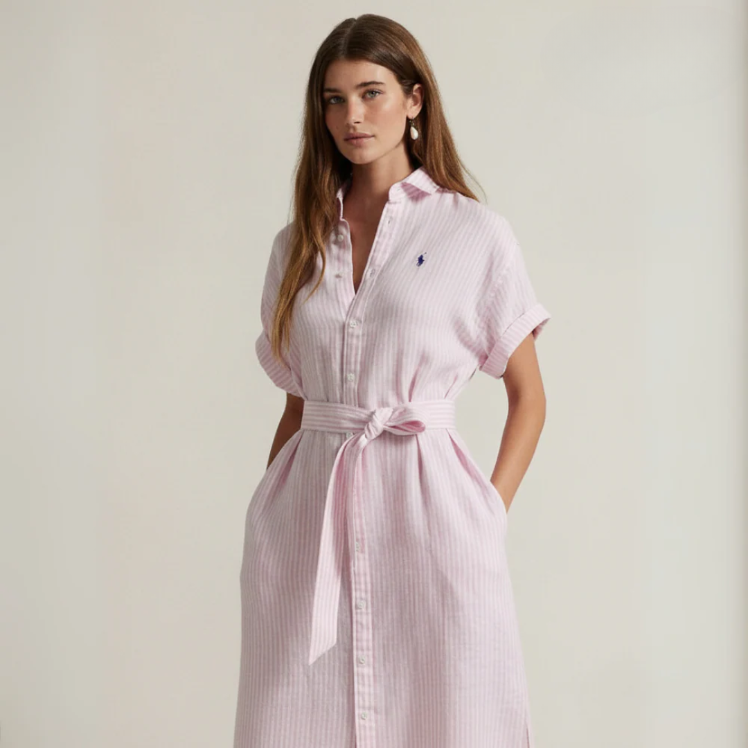 Gestreiftes Leinenhemdkleid mit kurzen Ärmeln