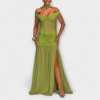 Nicole - Olivgrünes V-Ausschnitt Maxikleid