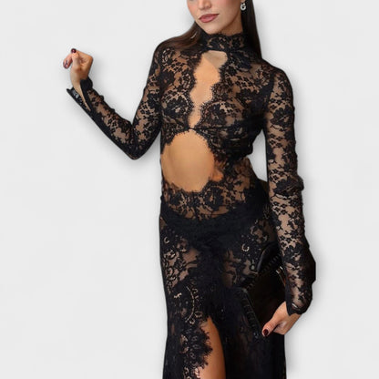 Azalee - Mitternachts Eleganz Transparente Cutout Langarm Stretch Maxikleid