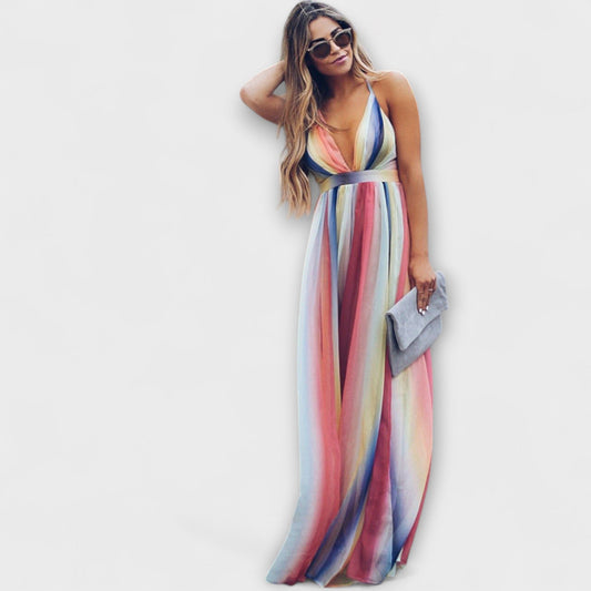 Mehrfarbig gestreiftes Damenkleid mit V-Ausschnitt
