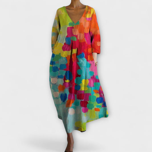 Fiona - Langes, Farbiges Kleid mit V-Ausschnitt