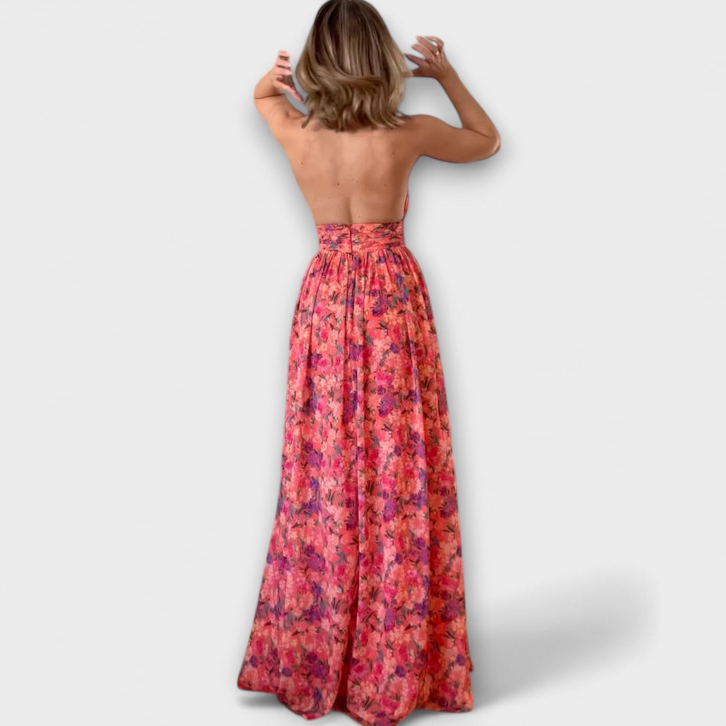 Nortrud - Maxikleid ohne Rücken mit floralem Muster