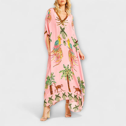 Linda - Auffälliges Kleid mit schulterfreiem Design und Kokosnussbaum-Print