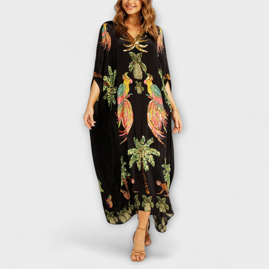 Linda - Auffälliges Kleid mit schulterfreiem Design und Kokosnussbaum-Print