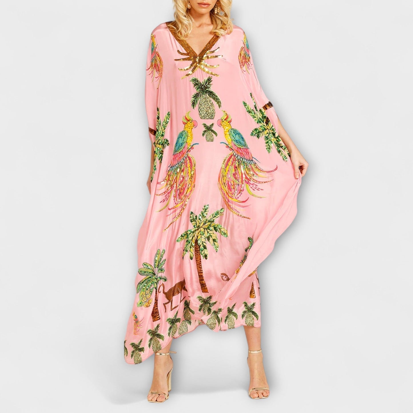 Linda - Auffälliges Kleid mit schulterfreiem Design und Kokosnussbaum-Print