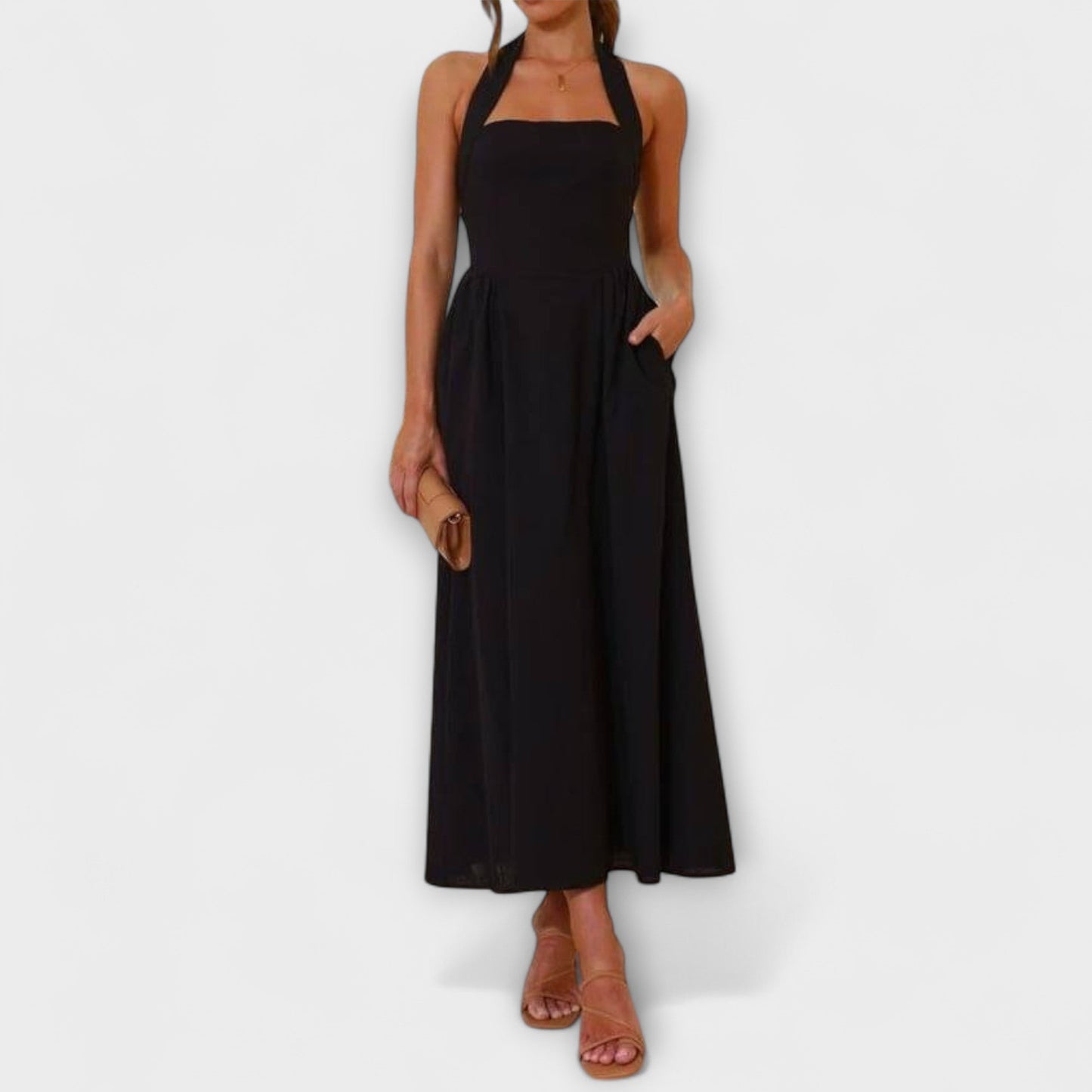 Lydia - Schwarzes Midikleid mit Halsband und Taillendetail