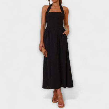 Lydia - Schwarzes Midikleid mit Halsband und Taillendetail
