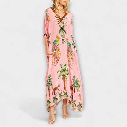 Linda - Auffälliges Kleid mit schulterfreiem Design und Kokosnussbaum-Print