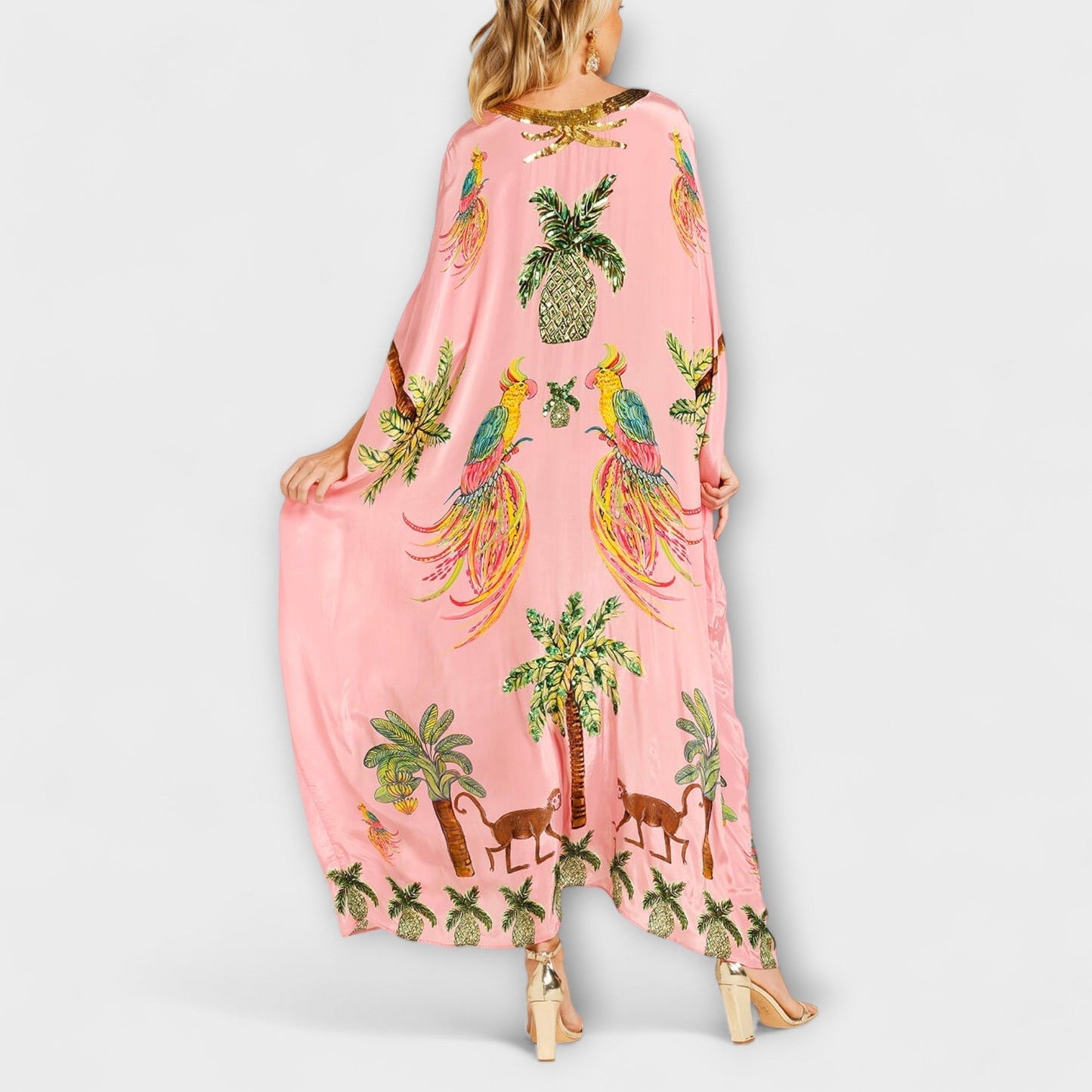 Linda - Auffälliges Kleid mit schulterfreiem Design und Kokosnussbaum-Print