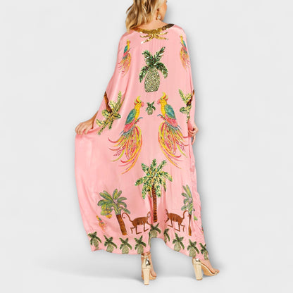 Linda - Auffälliges Kleid mit schulterfreiem Design und Kokosnussbaum-Print