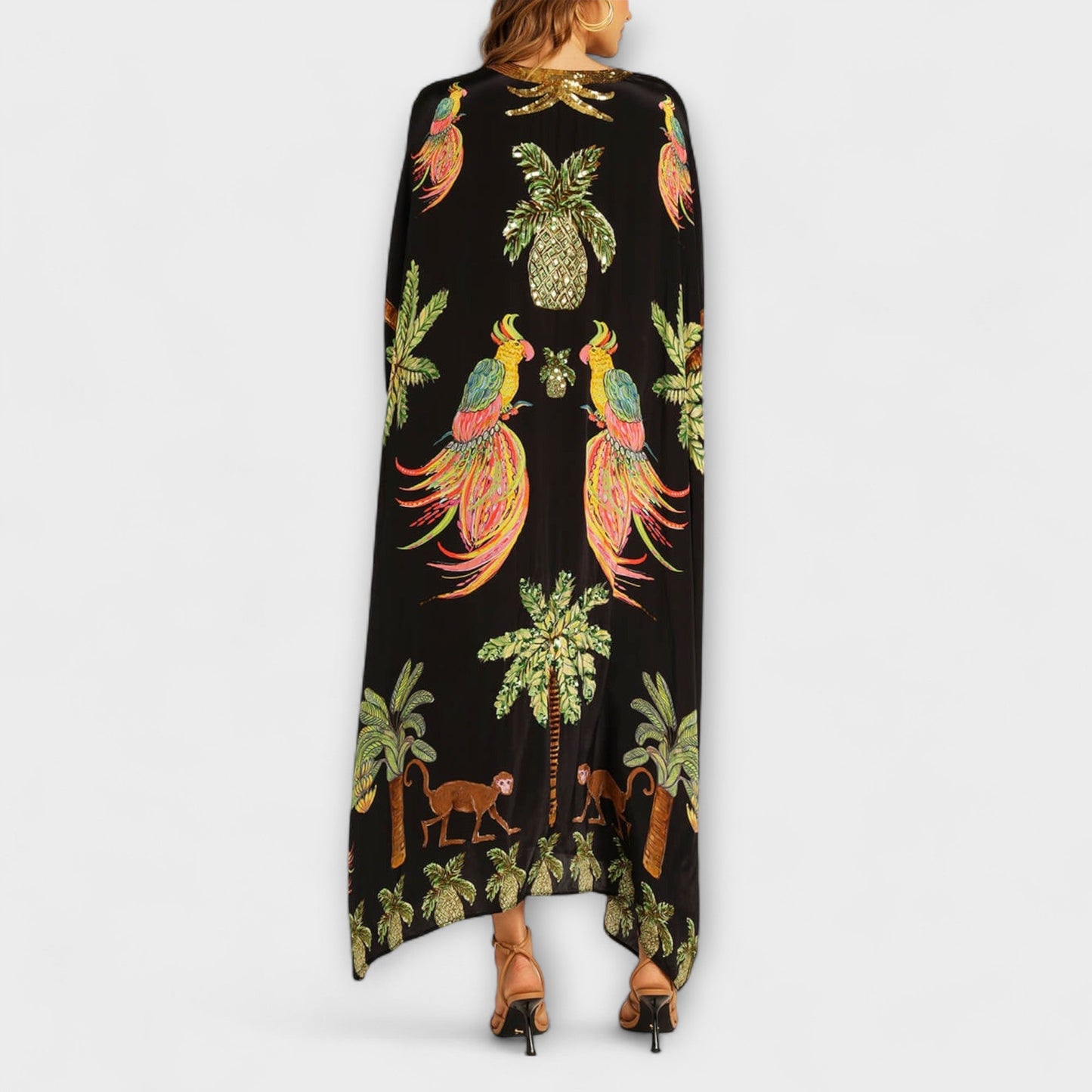 Linda - Auffälliges Kleid mit schulterfreiem Design und Kokosnussbaum-Print